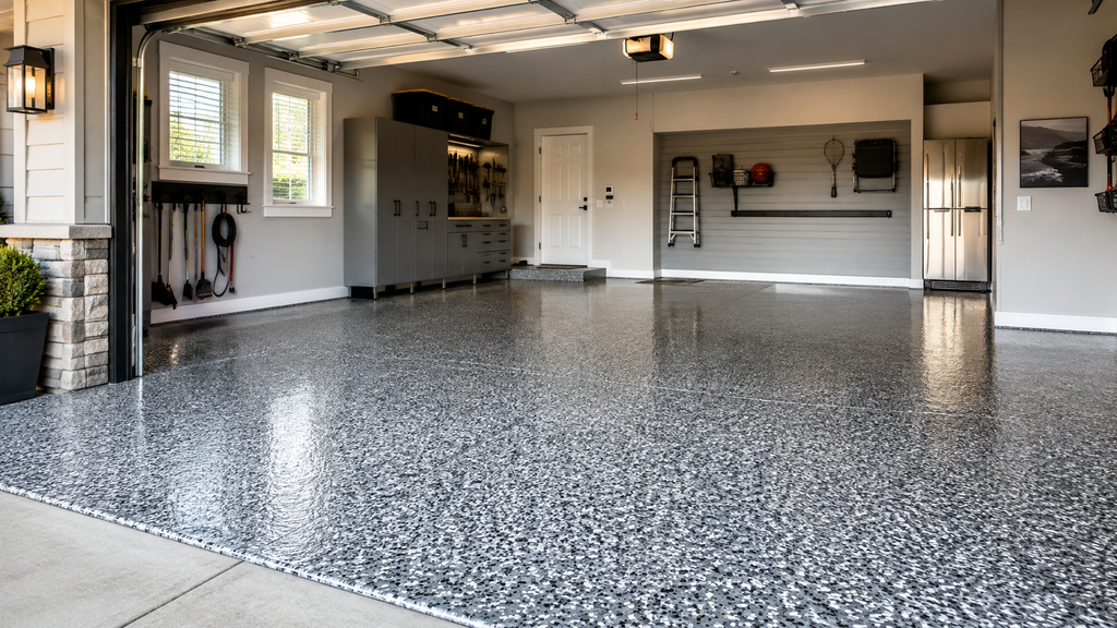 Decorative flake garage floor coating in a two-car residential garage